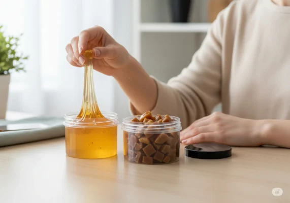 زن در حال استفاده از موم عربی طبیعی برای اپیلاسیون نواحی حساس بدن